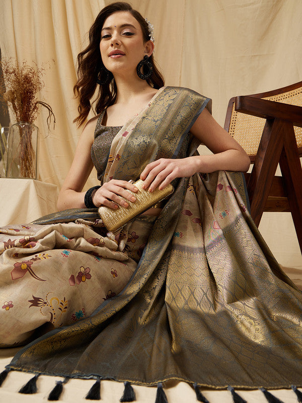 Beige Tissue Silk Digital Print Floral Saree with Unstitched Blouse - Hiral Fashion
