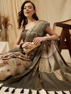 Beige Tissue Silk Digital Print Floral Saree with Unstitched Blouse - Hiral Fashion
