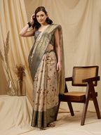Beige Tissue Silk Digital Print Floral Saree with Unstitched Blouse - Hiral Fashion