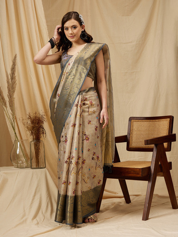 Beige Tissue Silk Digital Print Floral Saree with Unstitched Blouse - Hiral Fashion
