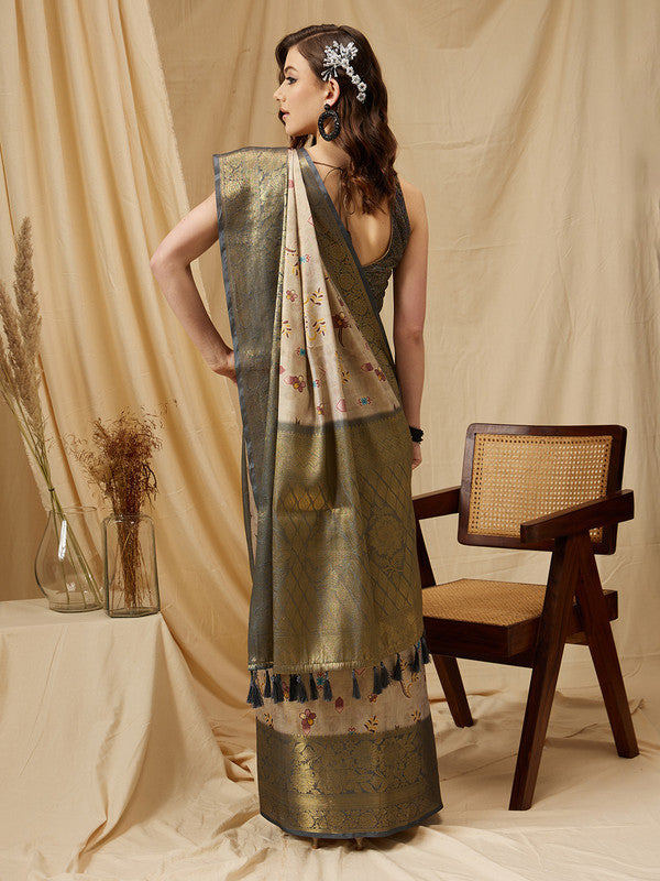 Beige Tissue Silk Digital Print Floral Saree with Unstitched Blouse - Hiral Fashion