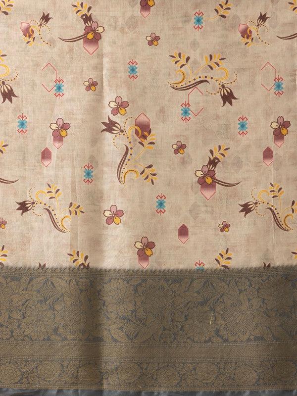 Beige Tissue Silk Digital Print Floral Saree with Unstitched Blouse - Hiral Fashion