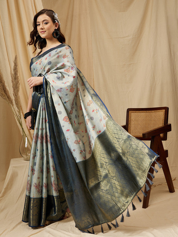 Gray Tissue Silk Digital Print Floral Saree with Unstitched Blouse - Hiral Fashion