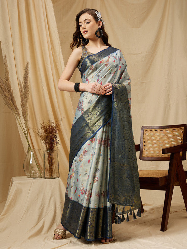 Gray Tissue Silk Digital Print Floral Saree with Unstitched Blouse - Hiral Fashion
