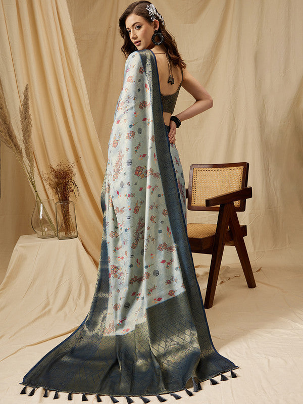 Gray Tissue Silk Digital Print Floral Saree with Unstitched Blouse - Hiral Fashion