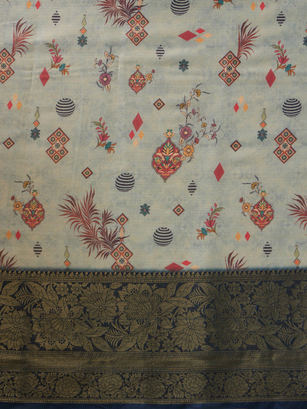 Gray Tissue Silk Digital Print Floral Saree with Unstitched Blouse - Hiral Fashion