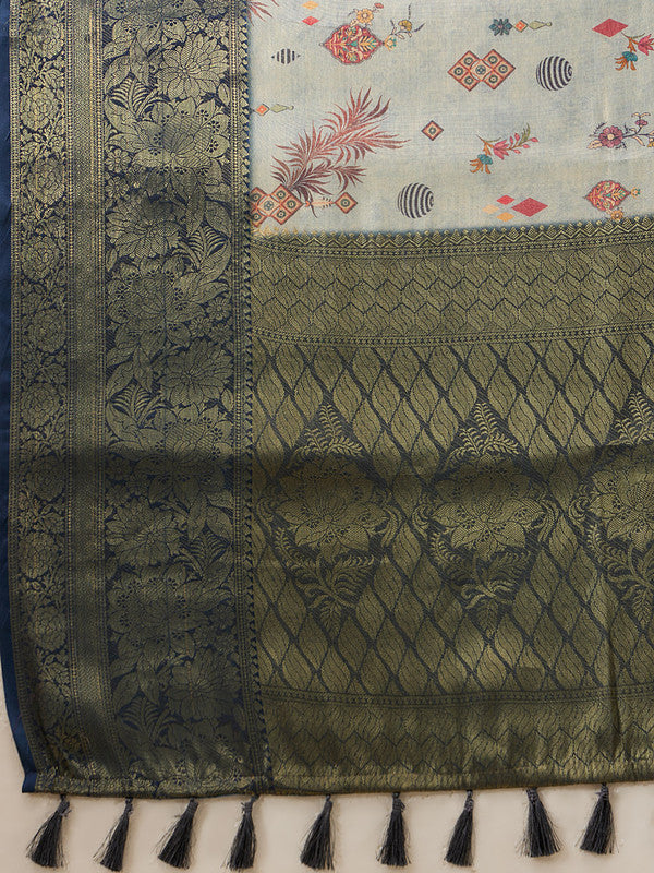 Gray Tissue Silk Digital Print Floral Saree with Unstitched Blouse - Hiral Fashion