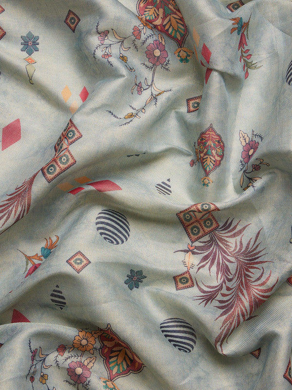 Gray Tissue Silk Digital Print Floral Saree with Unstitched Blouse - Hiral Fashion