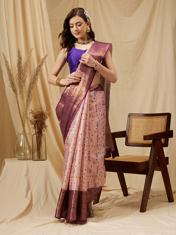 Purple Tissue Silk Digital Print Floral Saree with Unstitched Blouse - Hiral Fashion