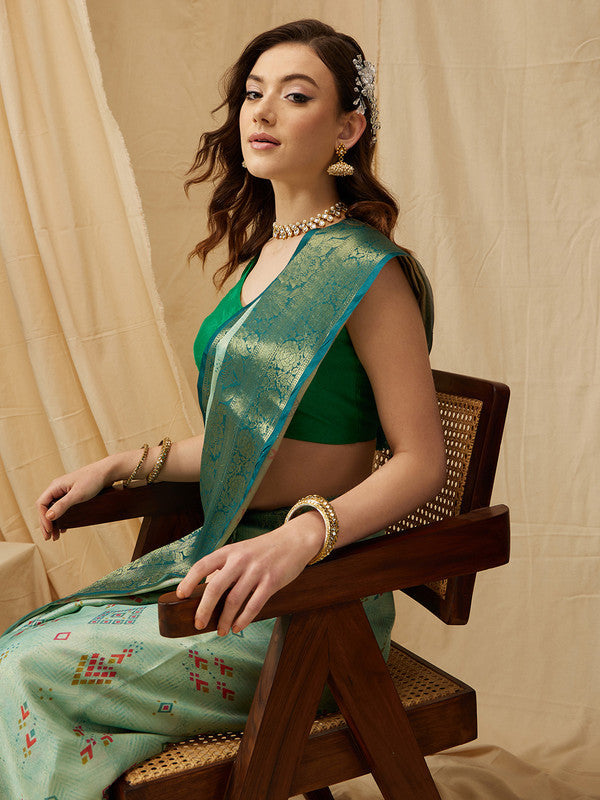 Turquoise Tissue Silk Digital Print Geomatric Saree with Unstitched Blouse - Hiral Fashion