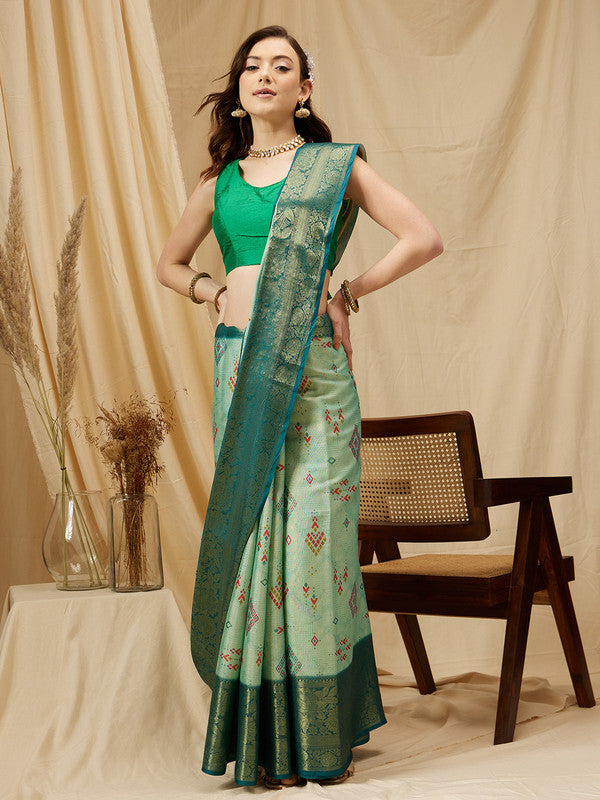 Turquoise Tissue Silk Digital Print Geomatric Saree with Unstitched Blouse - Hiral Fashion