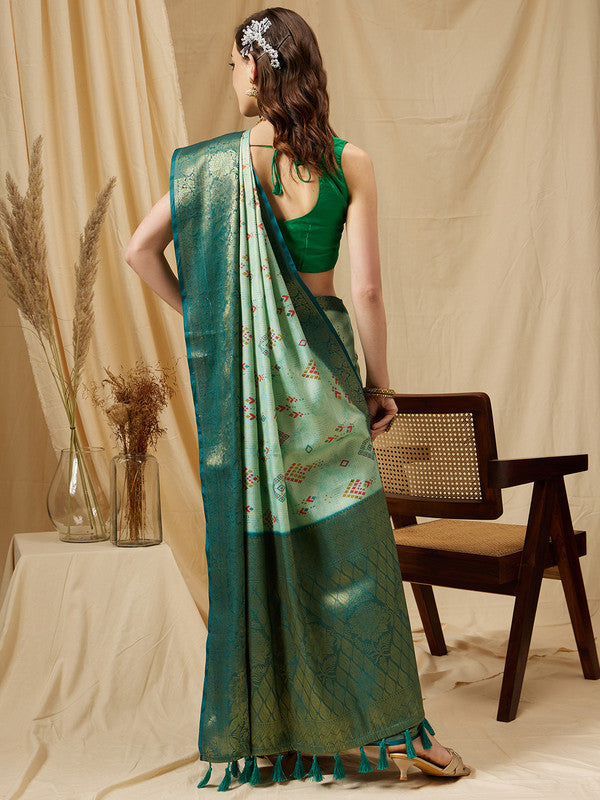 Turquoise Tissue Silk Digital Print Geomatric Saree with Unstitched Blouse - Hiral Fashion