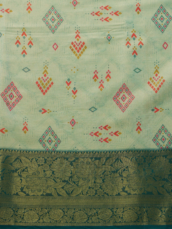 Turquoise Tissue Silk Digital Print Geomatric Saree with Unstitched Blouse - Hiral Fashion