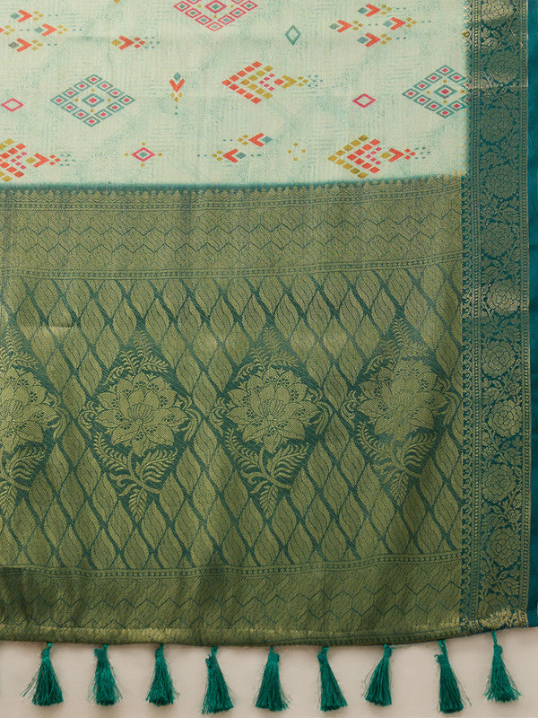 Turquoise Tissue Silk Digital Print Geomatric Saree with Unstitched Blouse - Hiral Fashion