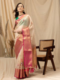 Beige Munga Silk Digital Print Floral Saree with Unstitched Blouse - Hiral Fashion