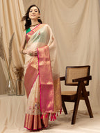 Beige Munga Silk Digital Print Floral Saree with Unstitched Blouse - Hiral Fashion