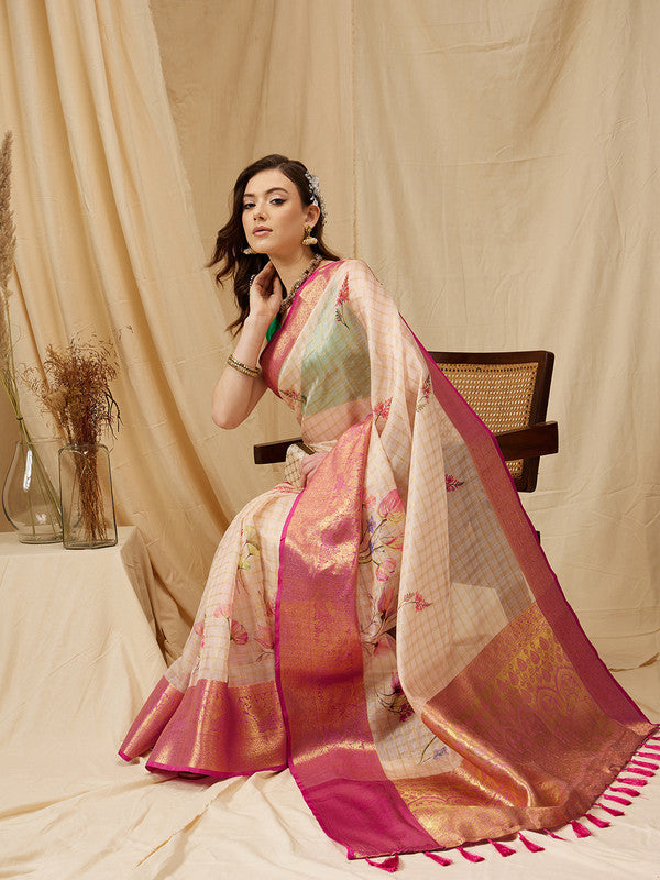 Beige Munga Silk Digital Print Floral Saree with Unstitched Blouse - Hiral Fashion