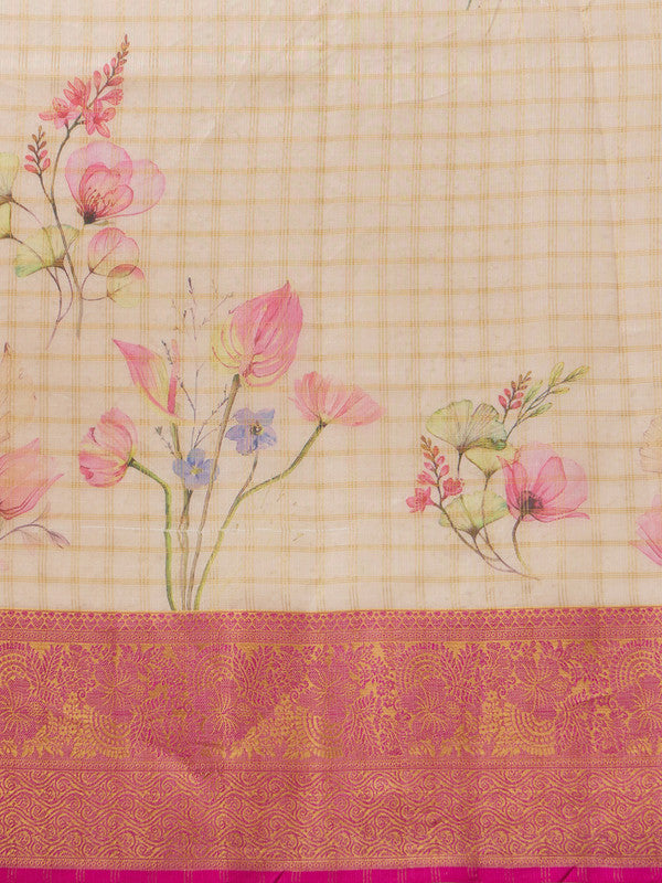Beige Munga Silk Digital Print Floral Saree with Unstitched Blouse - Hiral Fashion