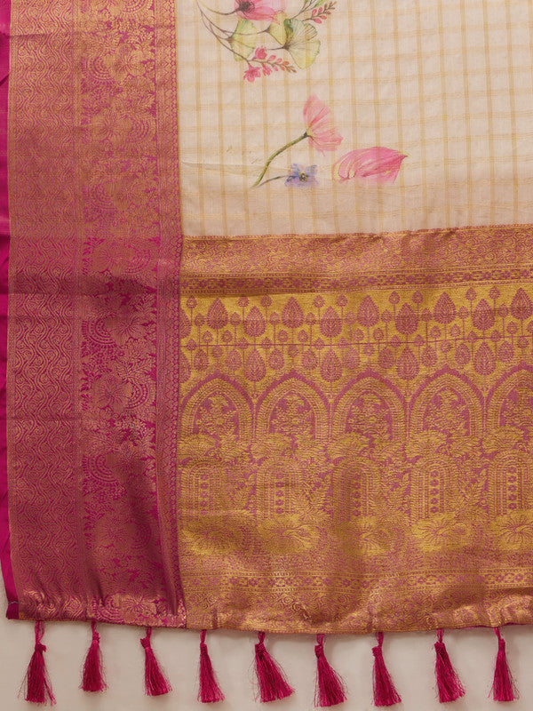 Beige Munga Silk Digital Print Floral Saree with Unstitched Blouse - Hiral Fashion