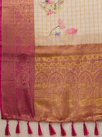 Beige Munga Silk Digital Print Floral Saree with Unstitched Blouse - Hiral Fashion