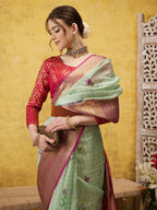 Green Munga Silk Digital Print Floral Saree with Unstitched Blouse - Hiral Fashion