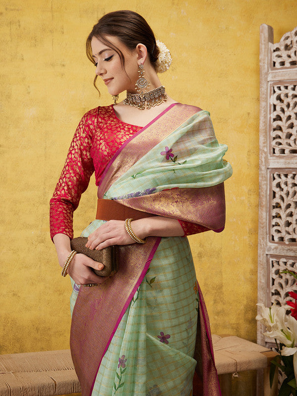 Green Munga Silk Digital Print Floral Saree with Unstitched Blouse - Hiral Fashion