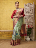 Green Munga Silk Digital Print Floral Saree with Unstitched Blouse - Hiral Fashion
