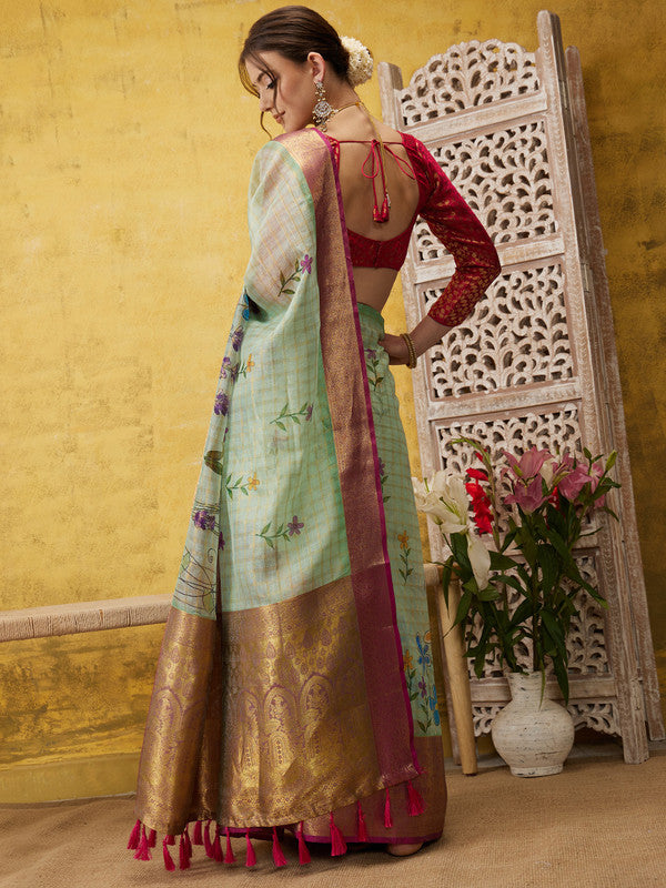Green Munga Silk Digital Print Floral Saree with Unstitched Blouse - Hiral Fashion