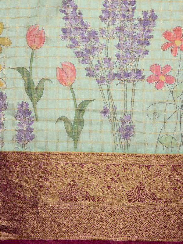 Green Munga Silk Digital Print Floral Saree with Unstitched Blouse - Hiral Fashion