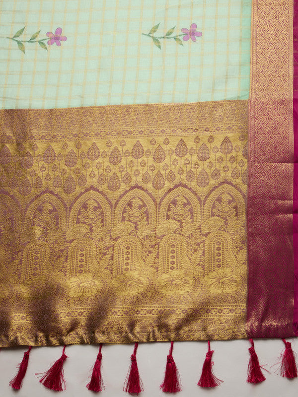 Green Munga Silk Digital Print Floral Saree with Unstitched Blouse - Hiral Fashion