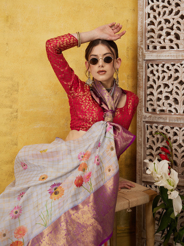 Lavender Munga Silk Digital Print Floral Saree with Unstitched Blouse - Hiral Fashion