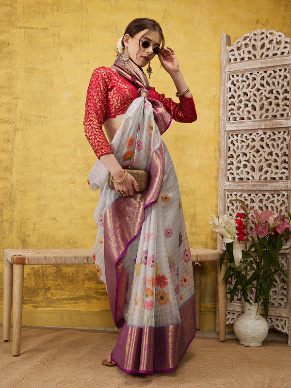 Lavender Munga Silk Digital Print Floral Saree with Unstitched Blouse - Hiral Fashion