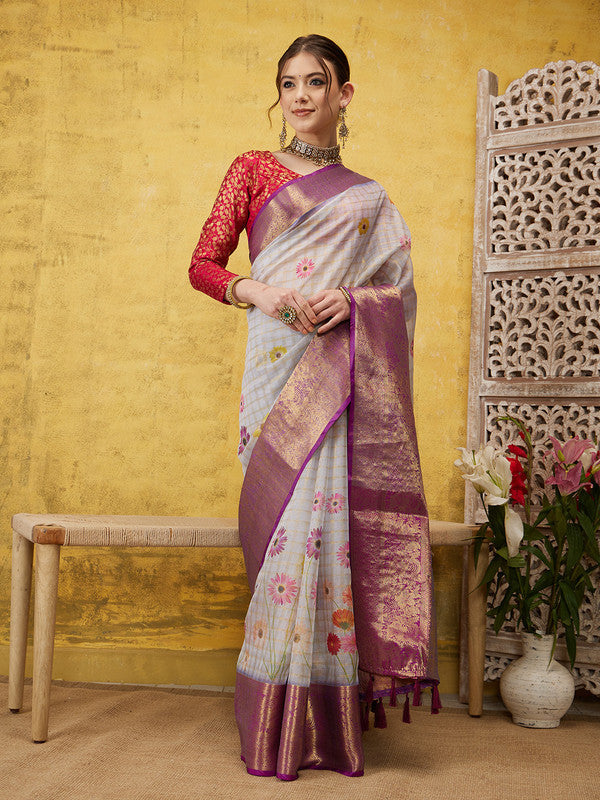 Lavender Munga Silk Digital Print Floral Saree with Unstitched Blouse - Hiral Fashion