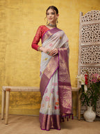 Lavender Munga Silk Digital Print Floral Saree with Unstitched Blouse - Hiral Fashion