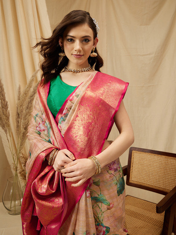 Peach Munga Silk Digital Print Floral Saree with Unstitched Blouse - Hiral Fashion