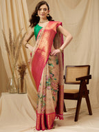 Peach Munga Silk Digital Print Floral Saree with Unstitched Blouse - Hiral Fashion