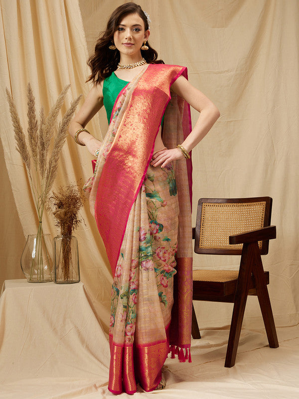 Peach Munga Silk Digital Print Floral Saree with Unstitched Blouse - Hiral Fashion