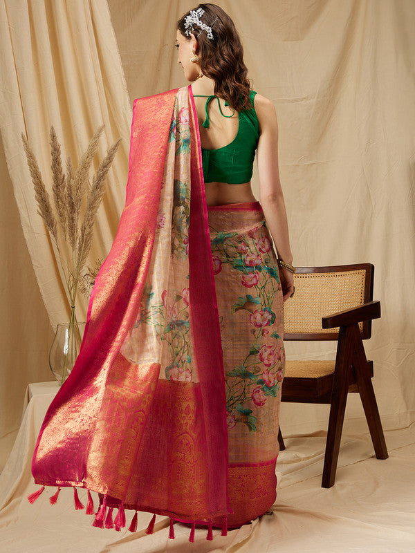 Peach Munga Silk Digital Print Floral Saree with Unstitched Blouse - Hiral Fashion