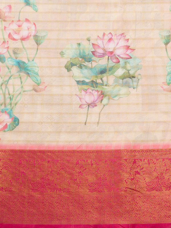 Peach Munga Silk Digital Print Floral Saree with Unstitched Blouse - Hiral Fashion