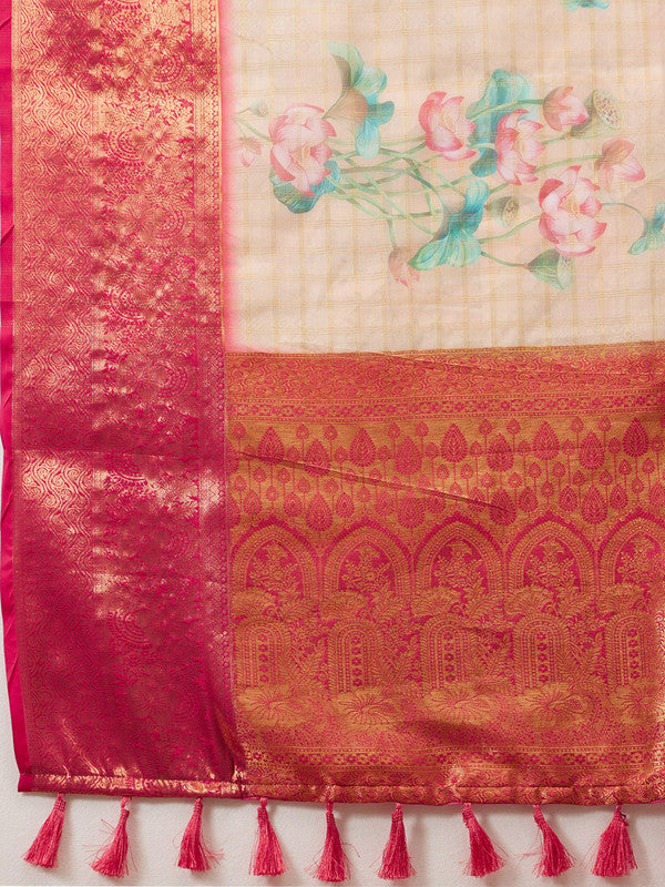 Peach Munga Silk Digital Print Floral Saree with Unstitched Blouse - Hiral Fashion