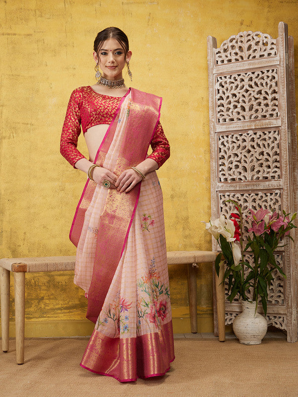 Pink Munga Silk Digital Print Floral Saree with Unstitched Blouse - Hiral Fashion