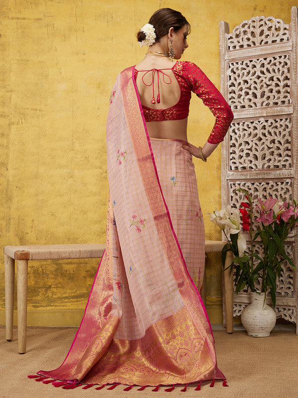 Pink Munga Silk Digital Print Floral Saree with Unstitched Blouse - Hiral Fashion