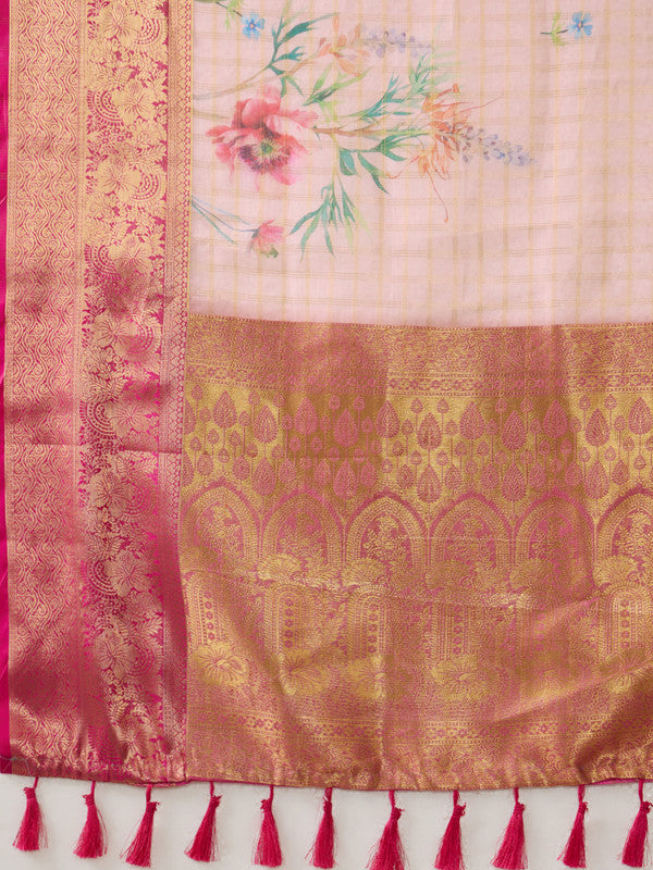 Pink Munga Silk Digital Print Floral Saree with Unstitched Blouse - Hiral Fashion
