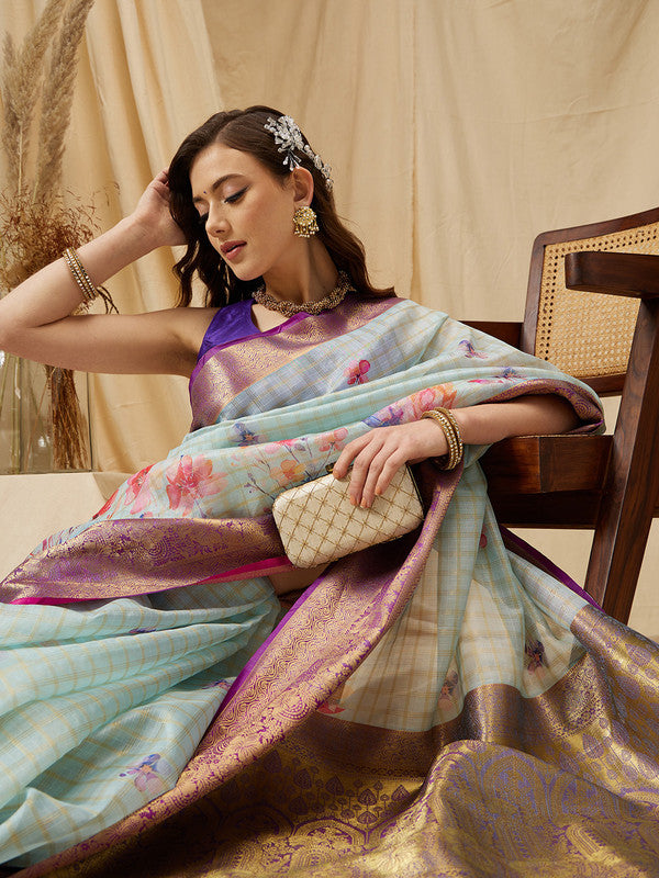 Sky Blue Munga Silk Digital Print Floral Saree with Unstitched Blouse - Hiral Fashion
