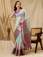 Sky Blue Munga Silk Digital Print Floral Saree with Unstitched Blouse - Hiral Fashion