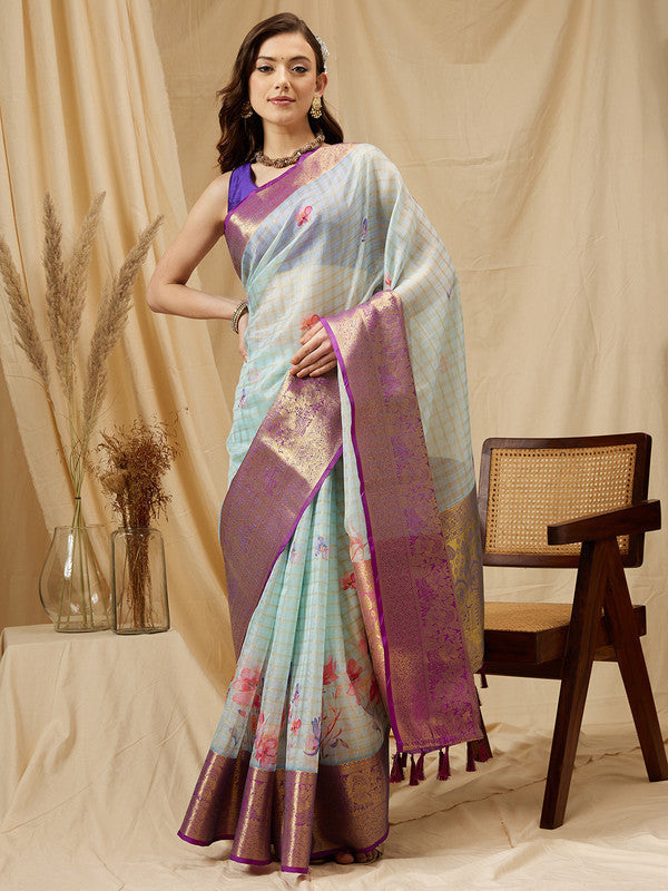 Sky Blue Munga Silk Digital Print Floral Saree with Unstitched Blouse - Hiral Fashion