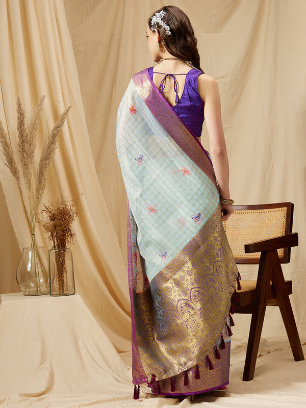 Sky Blue Munga Silk Digital Print Floral Saree with Unstitched Blouse - Hiral Fashion