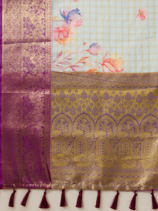Sky Blue Munga Silk Digital Print Floral Saree with Unstitched Blouse - Hiral Fashion