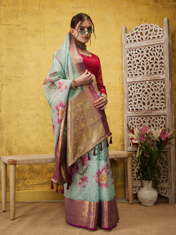 Turquoise Munga Silk Digital Print Floral Saree with Unstitched Blouse - Hiral Fashion