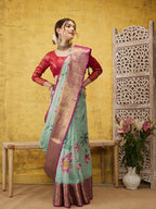 Turquoise Munga Silk Digital Print Floral Saree with Unstitched Blouse - Hiral Fashion